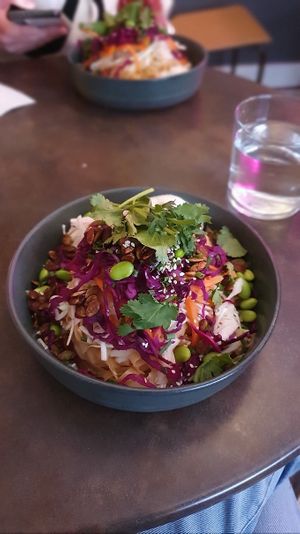 Korean style rice noodle bowl at Mirells in Visby