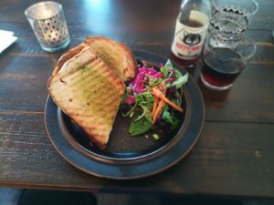 Grilled tofu sandwich with red pesto and other stuff I can't remember ? Quite yummy at Mirells in Visby