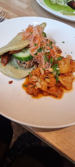 The vegan option, sesame-tofu in a bao bun and sticky cauliflower at Du Nord in Bern