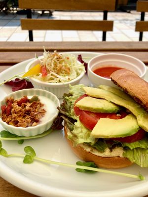 Hummus bagel sandwich set. The bagel sandwich is vegan, but it comes with a side of yogurt & granola. You can swap out the yogurt for tofu to make a vegan set. at Storyhouse Cafe & Bar in Matsumoto