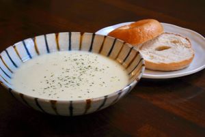 Bagel and hot soup set. Vegetarian and vegans soups available at Storyhouse Cafe & Bar in Matsumoto