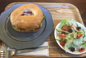 Hummus veggie bagel with salad at Storyhouse Cafe & Bar in Matsumoto