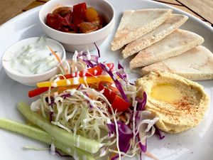 Pita set, with ratatouille, tzatziki, hummus and salad at Storyhouse Cafe & Bar in Matsumoto