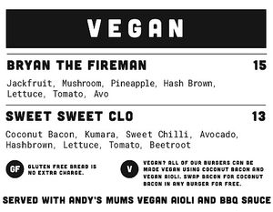 Vegan Menu at Bacon Brothers in Christchurch
