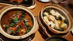 Stewed tofu with Sichuan spicy oil (炝烧豆腐) and Stewed tofu with mushrooms (菌皇炖豆腐). Both good but the latter got boring after a few pieces. at Lín Hú SùShí - The Lakeside Veggie in Shanghai