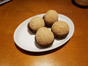 Fried sticky rice balls filled with sweeted nuts. Delicious! at Lín Hú SùShí - The Lakeside Veggie in Shanghai