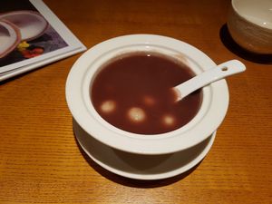 Red beans sweet soup with sticky rice balls filled with black sesame. Soft and warm at Lín Hú SùShí - The Lakeside Veggie in Shanghai