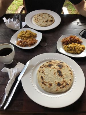 Coconut Rotty with Lentil Dahl and Onion Chutney for breakfast  at Sri Dhara Restaurant  in Unawatuna