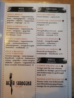 Vegan menu at Bella Sardegna in Roden