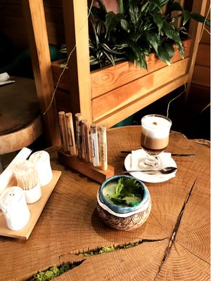 Coconut Milk Latte & Green Smoothie (apple, celery, ginger, spinach) at Green Food Cafe in Kharkiv