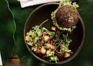 Quinoa Burger (Gluten Free) & Salad with Tofu at Green Food Cafe in Kharkiv