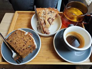 Walnut loaf and plum cake with an espresso and mint tea at Kafe Friedrich in Brno