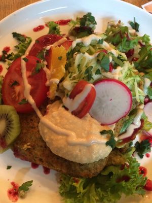 Sprouted mung bean pancakes with hummus and fresh fabness at Tungo's in Berlin