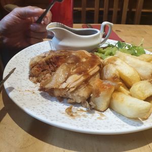 Vegan pie with chips, mushy peas and gravy at The Ship Inn in Wincle