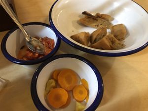 Some nice free snacks given - sour vegetables&some ‘fried pita’ with tomato dip at Massa in Bordeaux