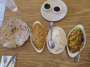 Chapati, dahl, white rice and vegetables curry at Café Raj in Albany
