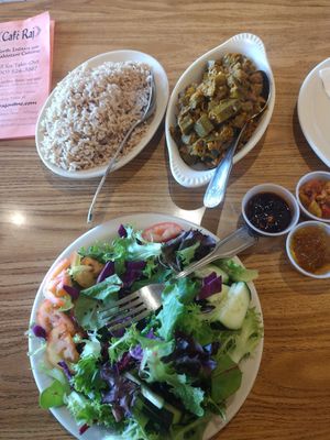 House salad, bhindi okra n brown rice at Café Raj in Albany