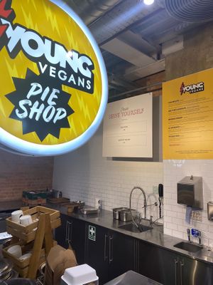 Young Vegans Pie Shop hot counter at Planet Organic - Tottenham Court Rd in London