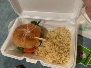 Buffalo Chick’n Sandwich with rice pilaf at Turnpike Cafe in Canton