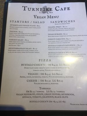 Vegan menu at Turnpike Cafe in Canton