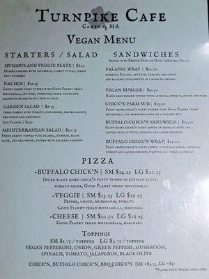 Vegan menu at Turnpike Cafe in Canton