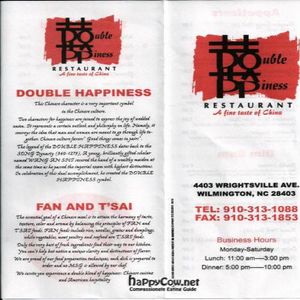 Double Happiness Menu (Front, Back) at Double Happiness in Wilmington