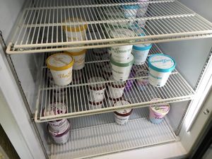 Fridge with takeout pints (all of these shown are vegan) at Van Leeuwen Ice Cream - Upper West Side in New York City