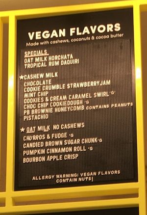 Vegan flavors on wall menu (N.B. the honeycomb is vegan) at Van Leeuwen Ice Cream - Upper West Side in New York City