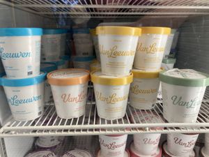 Vegan ice cream selections. (Mint Chip, Peanut Butter Brownie Honeycomb, Pistachio) at Van Leeuwen Ice Cream - Nolita in New York City