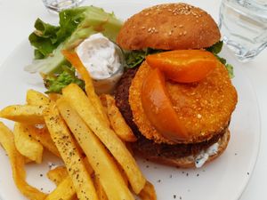Burger with vegan camembert at brEAThe Restaurant - Pigalle in Paris