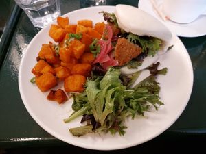 Asian bun with sweet potato and salad (brunch element) at brEAThe Restaurant - Pigalle in Paris