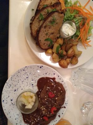 Mountain of pancakes (three) with warm chocolate sauce.
Croque Monsieur with sautéed leeks and slice of roasted sweet potato served with baby potatoes and homemade herb mayonnais at brEAThe Restaurant - Pigalle in Paris