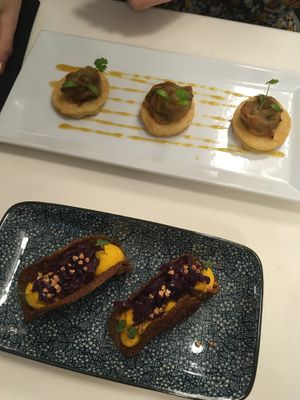 Endive tatin trio & Buckweat crispy duo (with mustard squash cream and shallot confit) at brEAThe Restaurant - Pigalle in Paris