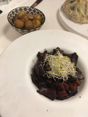 Seitan Bourguignon with new potatoes, carrots and Portobello mushrooms at brEAThe Restaurant - Pigalle in Paris