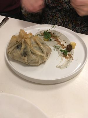 Winter Aumônière (black trumpet mushroom, parsnip, riccotta and blue cheese) at brEAThe Restaurant - Pigalle in Paris