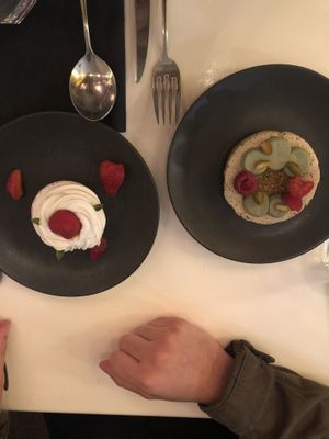 les desserts : pavlova fraise / financier pistache  at brEAThe Restaurant - Pigalle in Paris
