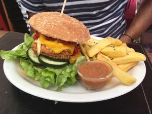 Burger with tofu at Comida Go Vegan in Santiago
