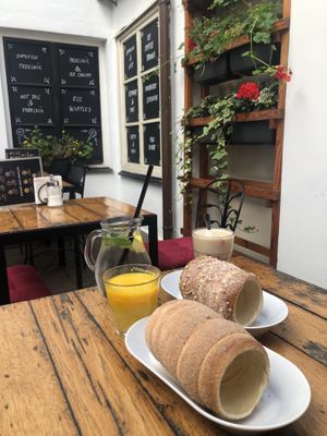 Snack! Traditional and Almond with OJ and Vegan latte!  at Waffle Point U Kajetana in Prague