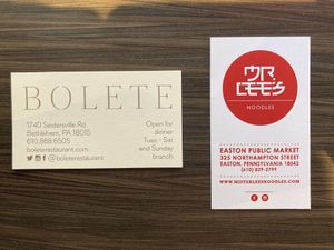 The business cards of the noodle shop & Bolete (the mother restaurant of Mister Lee's Noodles). at Mister Lee's Noodles in Easton