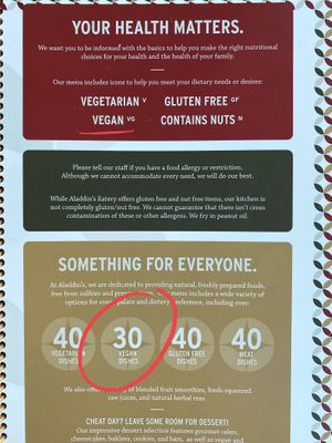 Clearly marked vegan options on the menu - no guesswork! at Aladdin's Eatery in Cincinnati