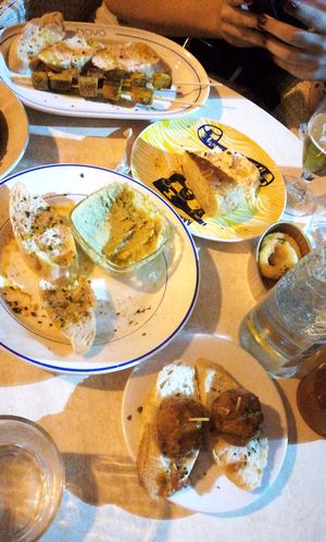 Meatballs, hummus, deep fried squid, Spanish omelette, marinated smoked tofu at Sa Capca in Blanes