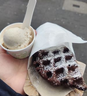 choco waffel and vanilla ice cream (vegan) at Eisdielerin in Cologne