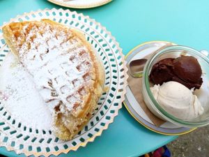 waffle, chocolate ice cream, vanilla ice cream (all vegan!) at Eisdielerin in Cologne