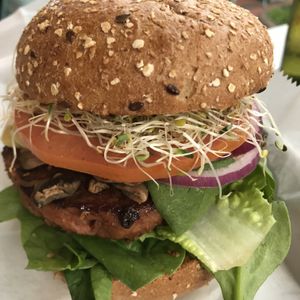 Beyond burger on sprouted bun at Bareburger in Ridgewood