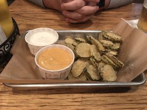 Vegan pickle chips with vegan chipotle mayo  at Old Shillelagh in Detroit