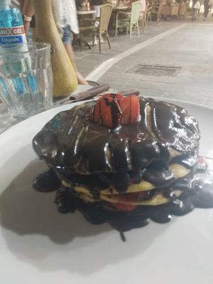 Pancakes with dark chocolate and strawberrys at Hari's Creperie in Crete