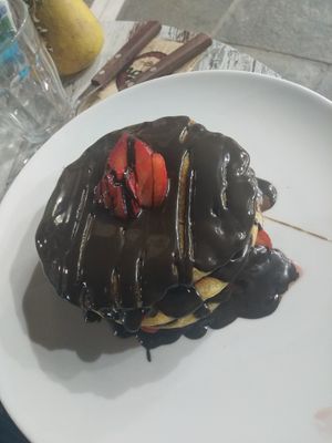 Pancakes with dark chocolate and strawberrys at Hari's Creperie in Crete