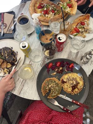 L-R: peanut butter banana pancake, vegan pizza and the vegan pesto cheese pancakes   at Hari's Creperie in Crete
