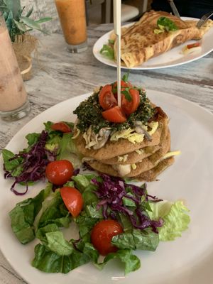 Vegan GF savory pancakes // with pesto sauce, sundried tomatoes, mushrooms and vegan cheese. at Hari's Creperie in Crete