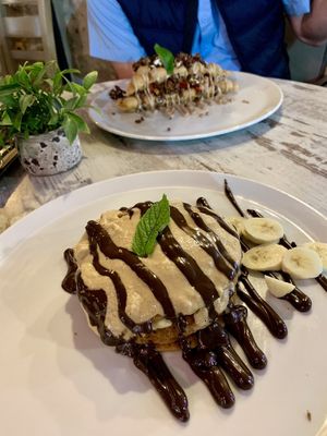 65. vegan + gluten-free pancakes: bitter chocolate, sesame paste(tahini) and banana. at Hari's Creperie in Crete